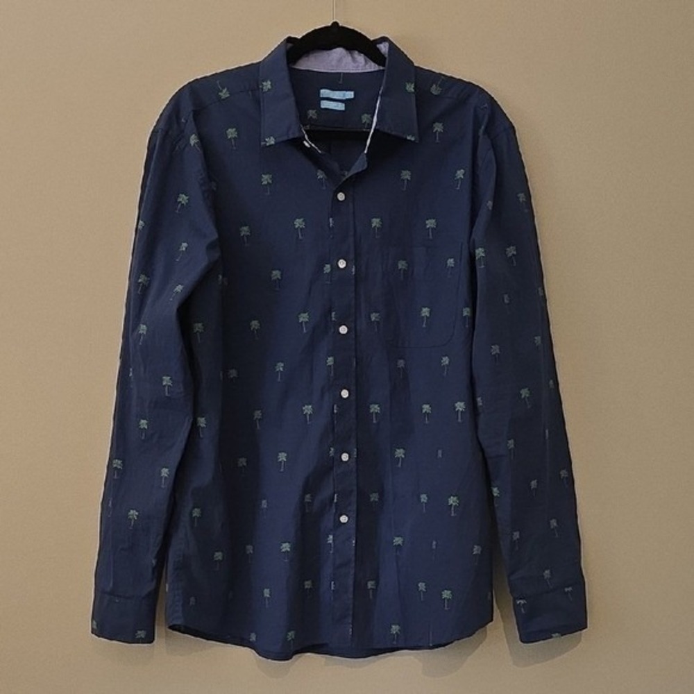 J.McLaughlin Men XL Navy Blue Palm Tree Embroidered Button Down Shirt Modern Fit
